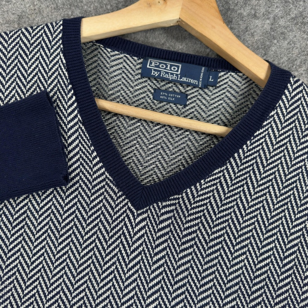 Polo By Ralph Lauren Sweater Mens Large Blue Herringbone Cotton Silk V Neck
